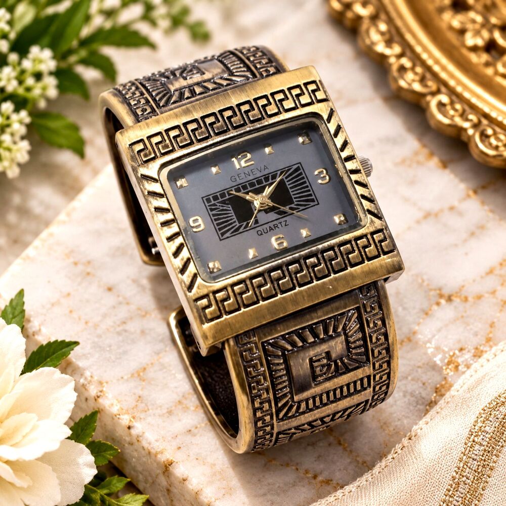 Vintage Geneva Brass Tone Cuff Watch Boho Ethnic Style Tinted Crystal Quartz